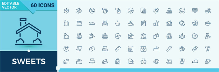 Sweets icon set. Contains related to cake, bakery, dessert, cupcake and more. Line symbol. Dessert icon collection. Editable stroke. Vector illustration.