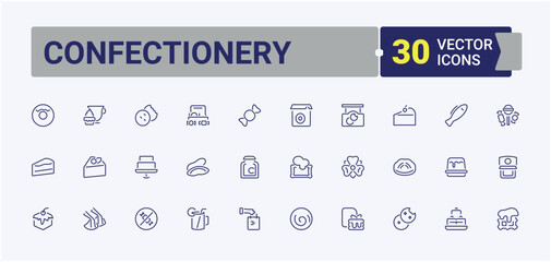 Confectionery modern icons. Contains such icons as sweet, cream, candy, bakery, chocolate, pastry, cupcake and more. Sweets vector line icon set. Set of line pictogram. Editable vector icon.