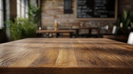 A close up shot of a wooden table in a cafe