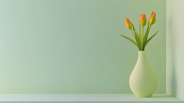  soft  tulips in a vese on green background. trendy, concept women's day, march, 8th . Wallpaper background. , top view, copy space, spring, summer, macro