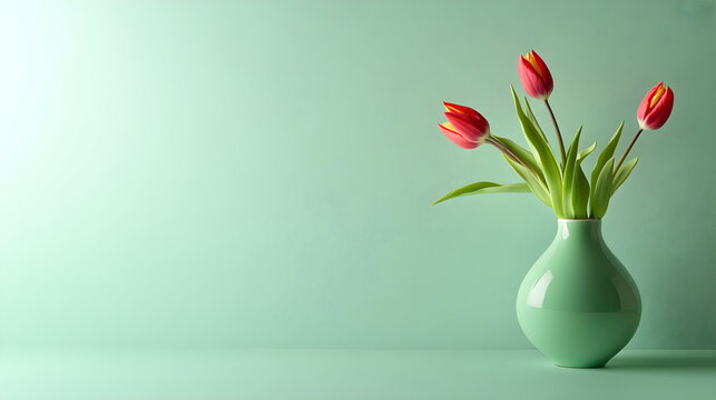  soft  tulips in a vese on green background. trendy, concept women's day, march, 8th . Wallpaper background. , top view, copy space, spring, summer, macro