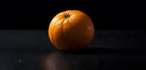 Photo copy space one fresh orange without leaves on dark black blank background