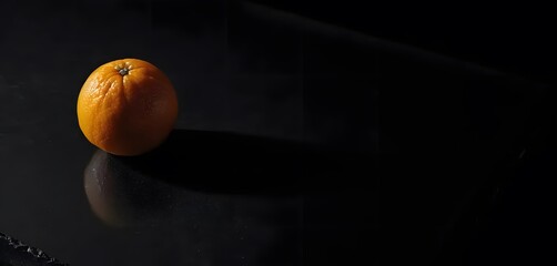 Photo copy space one fresh orange without leaves on dark black blank background