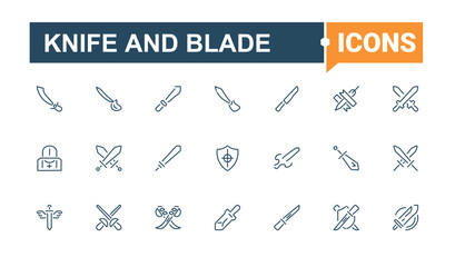 Knife and Blade vector icon set. It contains symbols to medieval, battle, sharp, blade, saber, knife, weapon, war. Sword And Knife linear icon. Art and illustration