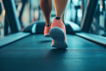 A human is walking on a treadmill with her feet on the floor