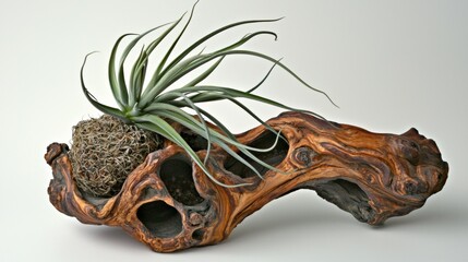 A unique air plant in a decorative wooden holder, with spiky green tendrils --chaos 20 --ar 16:9 --quality 2 --v 6.1 Job ID: ba3b3263-c1df-4af9-b116-dcbf9f85ccfc