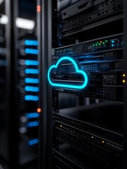 Fototapeta premium A futuristic cloud storage icon illuminates modern server racks