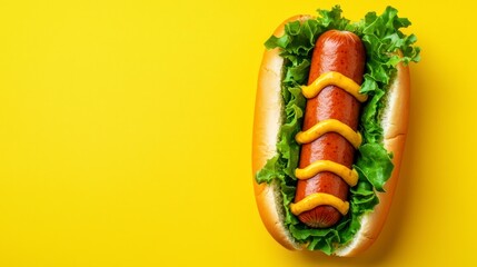 Hot dog with mustard and lettuce on a vibrant yellow background