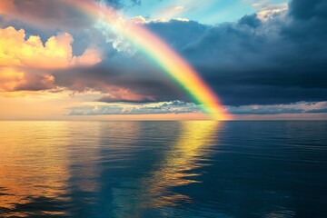 Stunning Ocean Sunset Rainbow Dramatic Sky Cloudscape Peaceful Seascape Colorful Nature Photography Calm Water Vivid Rainbow Colors Beautiful Horizon 