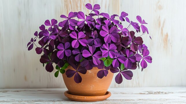 A whimsical oxalis plant in a terracotta planter, featuring delicate purple shamrock-shaped leaves --chaos 20 --ar 16:9 --quality 2 --v 6.1 Job ID: 624509c2-0186-4663-a4ee-4832aa91ad5f