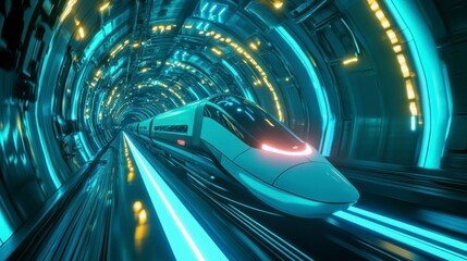 Fototapeta premium Futuristic train in neon tunnel