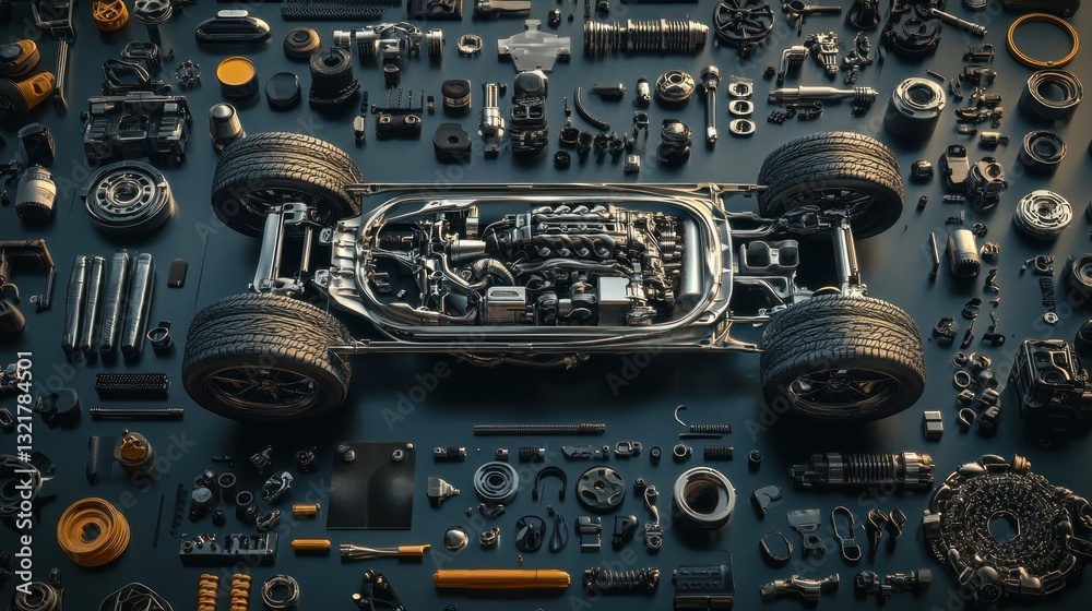 Poster disassembled car chassis with various parts and components on dark background.