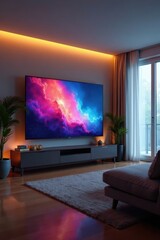 Modern apartment, large screen TV, dimmed lights, relaxing, living space, scene