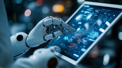 A professional interacts with an AI-powered chatbot on a tablet, representing intelligent digital customer service, fast communication, and business innovation