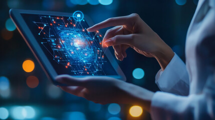 A professional interacts with an AI-powered chatbot on a tablet, representing intelligent digital customer service, fast communication, and business innovation