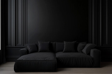 Dark living room interior with black empty wall