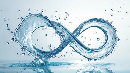 dynamic infinity symbol made of water splashes against light blue background, symbolizing fluidity and endless possibilities