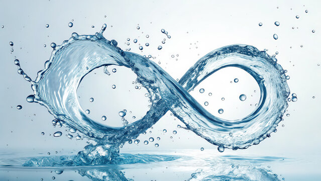 dynamic infinity symbol made of water splashes against light blue background, symbolizing fluidity and endless possibilities