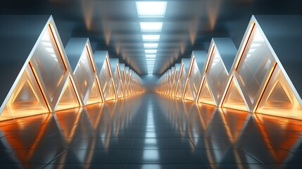Empty Long Light Corridor. Modern white background. Futuristic Sci-Fi Triangle Tunnel. HD 8K wallpaper Photographic Image