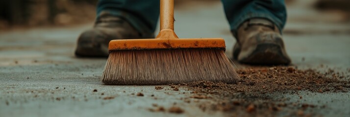A close-up of a broom sweeping dust from a surface, showcasing the texture of the bristles and the fine particles of dust being collected. Cleanliness and order are highlighted.