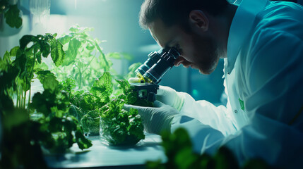 A researcher examines a GMO vegetable under a microscope, representing advancements in genetically modified organism (GMO) research