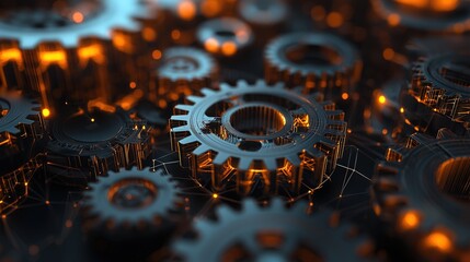 Interlocking gears with glowing connections, symbolizing interconnected systems and innovation. Ideal for technology, engineering, and industrial concepts.