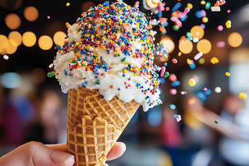 Bright sunny background close-up of a person holding a large ice cream cone with sprinkles falling, perfect for summer, desserts, and food photography