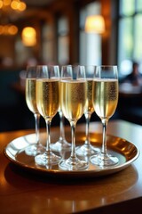 Polished tray holds several champagne flutes, restaurant setting, alcohol, service, modern