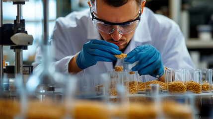 A researcher examines agricultural grains in a laboratory, conducting GMO testing on cereals and seeds