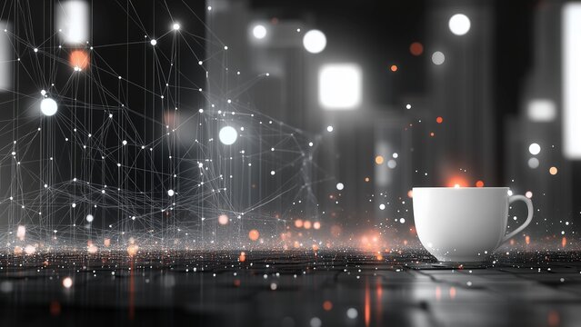 A ceramic cup compose with Smart City Digital Network Design Connection Urban Technology Global Communication,poka dot - Powered by Adobe