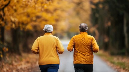 Fototapeta premium Senior Couple Jogging Together in Autumn Landscape with Vibrant Yellow Leaves on Trees