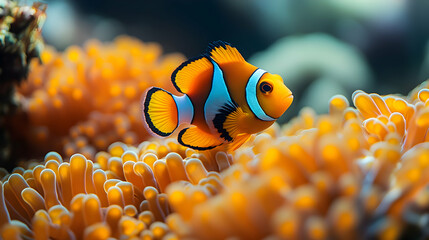 Vibrant clownfish swimming amidst a bed of orange sea anemones.  A captivating underwater scene showcasing the beauty of marine life.