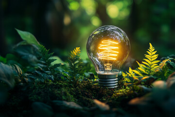 A light bulb in the forest with the sun shining on the leaves environmentally friendly energy