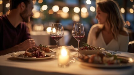 Couple enjoys a candlelit dinner with wine, symbolizing romance and connection. Ideal for dating apps, restaurant ads, and lifestyle content.