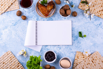 Traditional Passover Seder plate with symbolic foods. Symbolic of Jewish holiday Pesah.