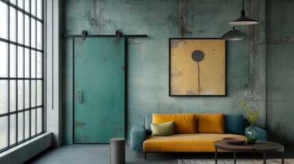 Teal Barn Door in Industrial Loft Apartment - Stylish teal barn door in an industrial loft apartment with mustard yellow couch and large window
