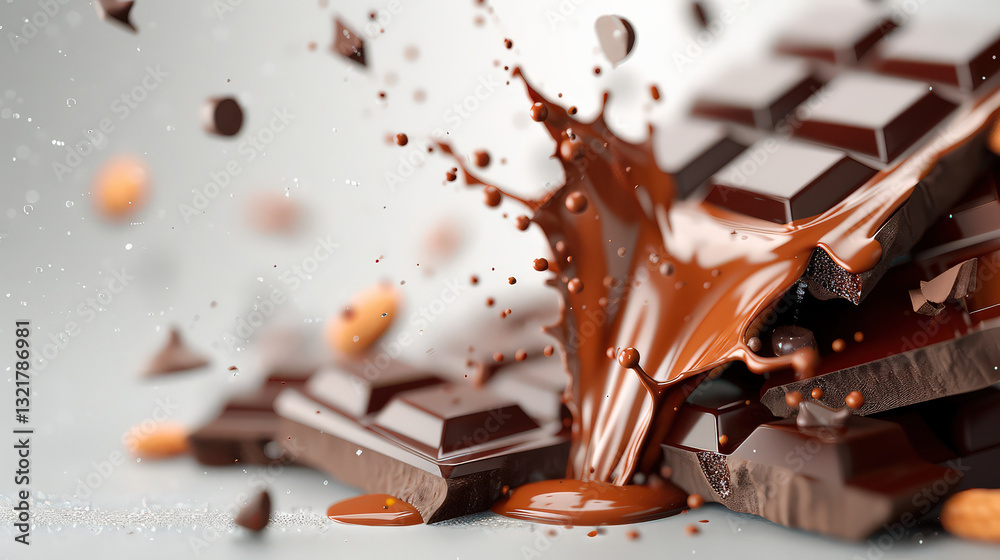 Aufkleber hyper realistic 3D rendering of melting chocolate bars with splashes and almonds, creating dynamic and delicious visual effect