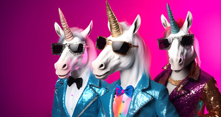Creative animal concept. Group gang of mystical unicorn in sparkly rock punk neon bright colour outfit, copy text space. commercial, editorial advertisement party invitation invite