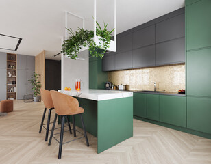 Green and gray kitchen with hanging plants