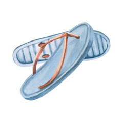 Pair of flip-flops in watercolor. Isolated illustration of beach footwear for design of tourist brochures, sports shops, printing on postcards.