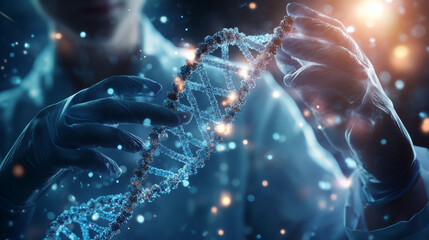A scientist replaces a segment of a DNA molecule, illustrating the concept of genetic engineering and gene manipulation