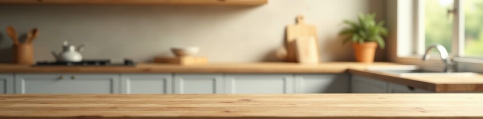 Simple wooden tabletop, blurred kitchen shelves and window light , scene, surface