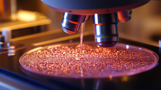 A scientist uses a micropipette to mix chemical solutions while examining genetically modified samples under a microscope