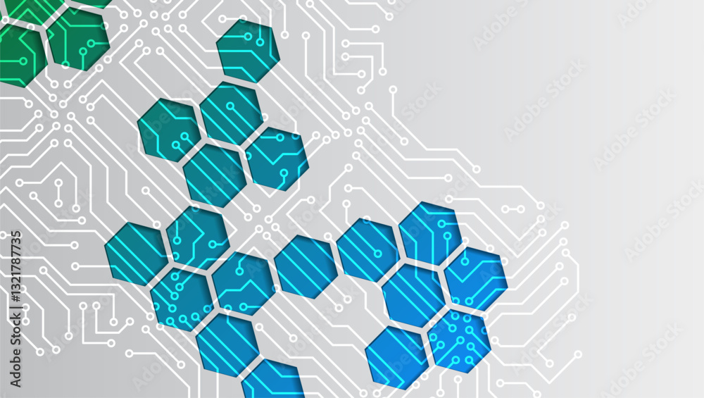 Aufkleber Grey background with various technological elements. Hi-tech computer digital technology concept. Abstract hexagons. Technology communication vector illustration.