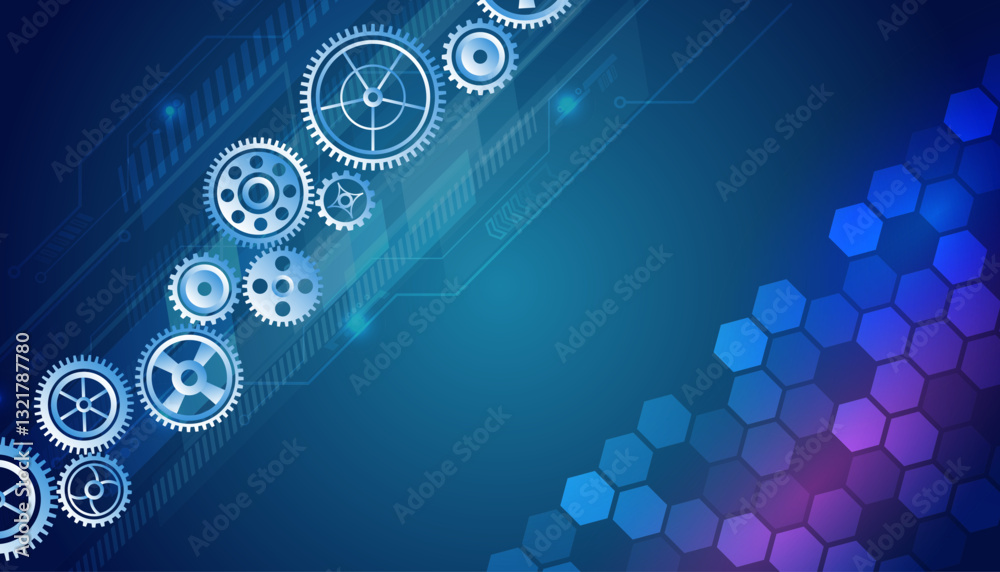 Poster Futuristic illustration. Abstract hexagons science on the blue background. Hi-tech digital technology and engineering concept. Wide Sci fi template with polygons, engineering mechanism.