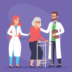 Two healthcare providers helping elderly woman using walker. Woman checking her health with stethoscope, while man offering support and encouragement
