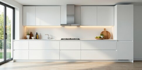 Sleek white kitchen cabinets, minimalist design, matte, contemporary