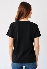 Obraz premium Back view of woman wearing plain black t-shirt, blank apparel mockup, Mockup template for design print