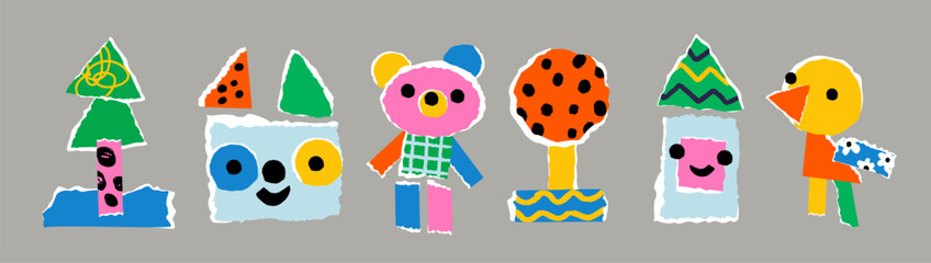 Kids color paper art collages. Bright cardboard pieces with ragged edges. Craft composition. Childish scrapbooking creative hobby. Notepaper tear. Childish applique. Garish vector set