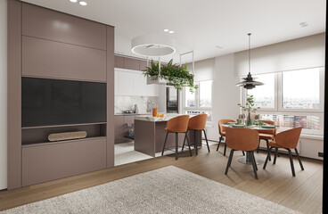 A modern kitchen and dining area
